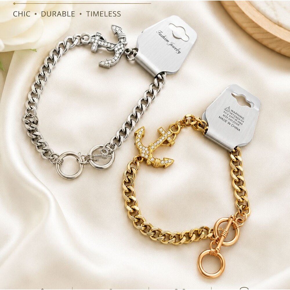 Anchor Clasp Link Chain Bracelets Set 2 Gold Silver Rhinestone Nautical New Lot